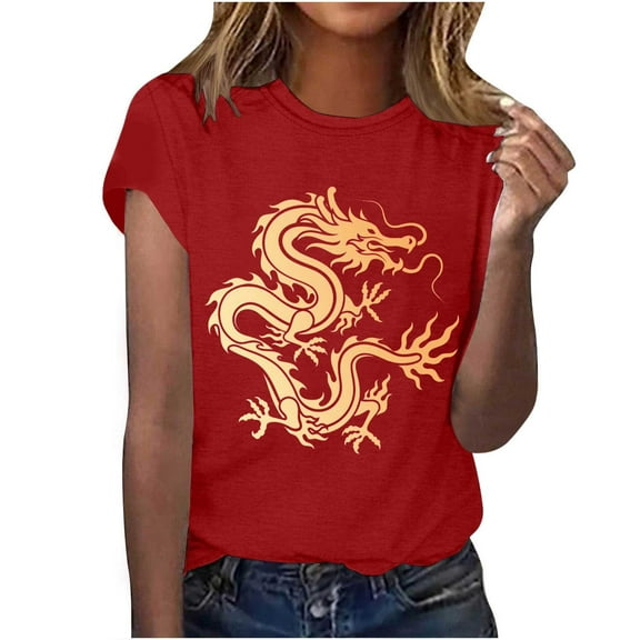 LYXSSBYX Tshirts Shirts for Women New Year Dragon Printed Short Sleeved Casual Loose Top Short Sleeved Round Neck Top/shirt