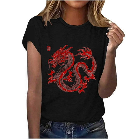 LYXSSBYX Tshirts Shirts for Women New Year Dragon Printed Short Sleeved Casual Loose Top Short Sleeved Round Neck Top/shirt