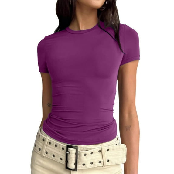 LYXSSBYX Tshirts Shirts for Women Women's Short Sleeve Solid Color Basics Crewneck Casual Top Pullover T-shirt