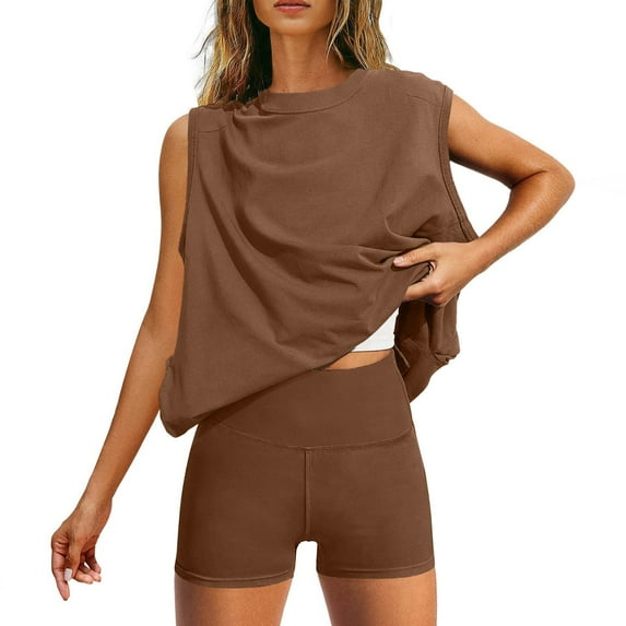 LYXSSBYX Two Piece Sets for Women Summer Women's Solid Color Loose Top Tight Fitting Shorts Sports and Leisure Set Sleeveless Round Neck Top/shirt Set