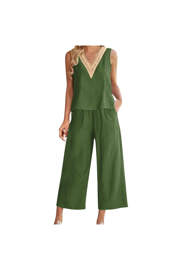 Two Piece Sets for Women Summer 2PC Fashion Woman Round Neck Sleeveless Blouse +Loose Pockets Pants Sets