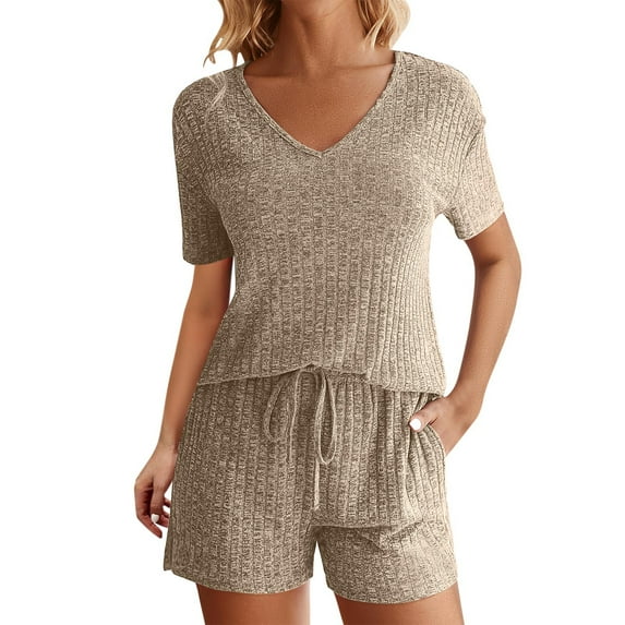 LYXSSBYX Two Piece Sets for Women Summer 2PC Fashion Woman V Neck Short Sleeve Blouse +Loose Pockets Pants Sets