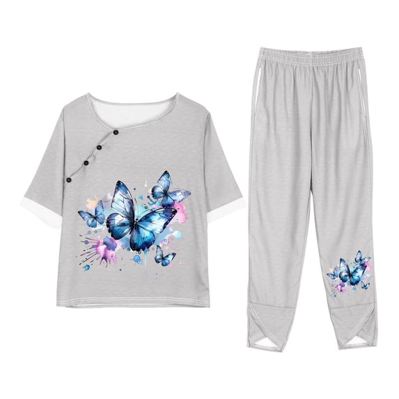 LYXSSBYX Two Piece Sets for Women Summer Women Fashion Print Casual Loose Fitting Round Neck Short Sleeve Top Pants Two-piece Set