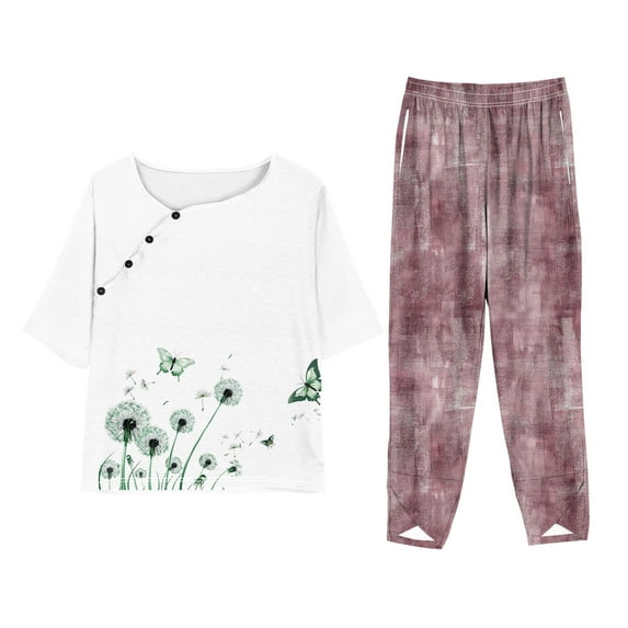 LYXSSBYX Two Piece Sets for Women Summer Women Fashion Print Casual Loose Fitting Round Neck Short Sleeve Top Pants Two-piece Set