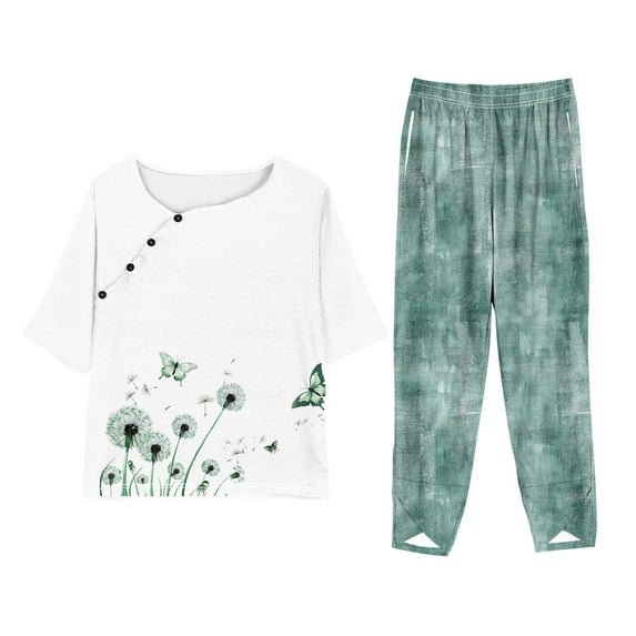 LYXSSBYX Two Piece Sets for Women Summer Women Fashion Print Casual Loose Fitting Round Neck Short Sleeve Top Pants Two-piece Set