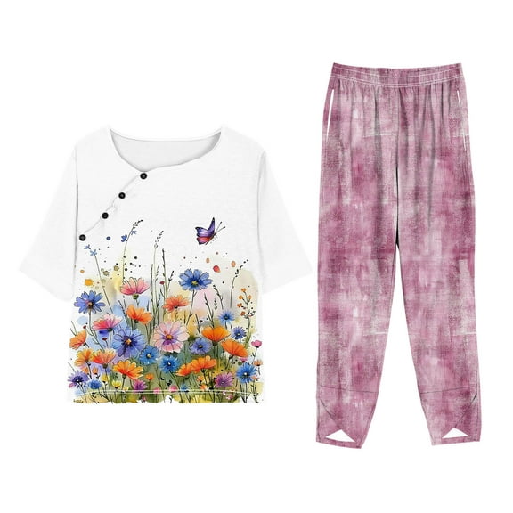 LYXSSBYX Two Piece Sets for Women Summer Women Fashion Print Casual Loose Fitting Round Neck Short Sleeve Top Pants Two-piece Set