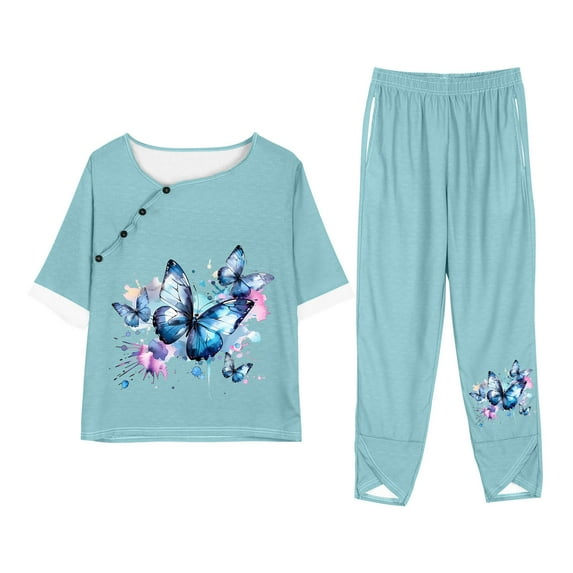 LYXSSBYX Two Piece Sets for Women Summer Women Fashion Print Casual Loose Fitting Round Neck Short Sleeve Top Pants Two-piece Set