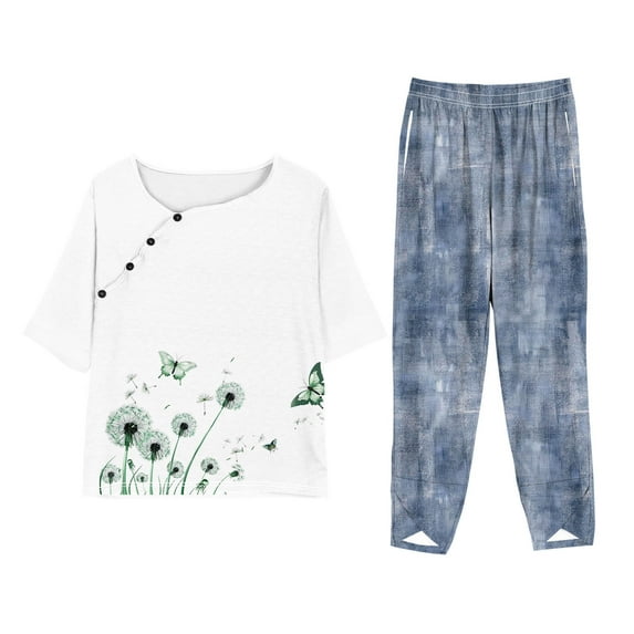 LYXSSBYX Two Piece Sets for Women Summer Women Fashion Print Casual Loose Fitting Round Neck Short Sleeve Top Pants Two-piece Set
