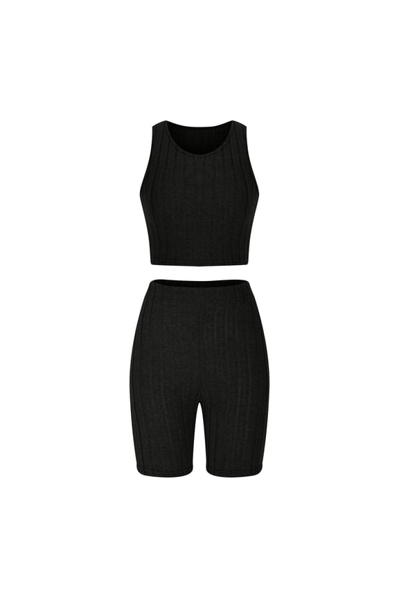 Two Piece Sets for Women Summer Women's 2 Piece Outfits Rib Knit Round Neck Sleeveless Crop Tank Top and High Waist Biker Shorts Set