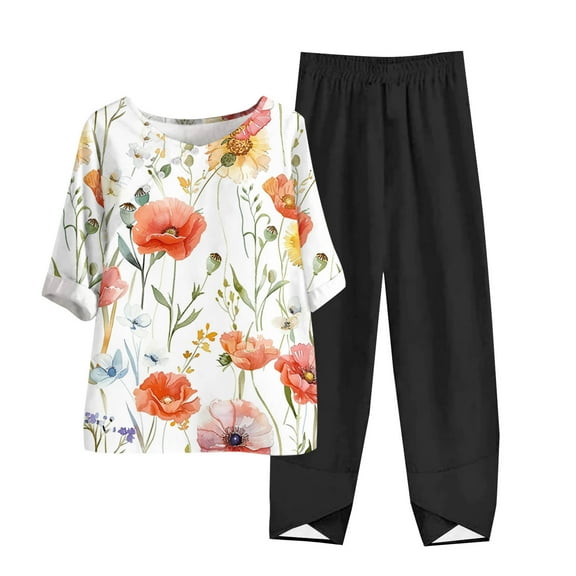 LYXSSBYX Two Piece Sets for Women Summer Women's Casual Round Neck 5/4 Sleeve Top and Pants Digital Printing Two-piece Set