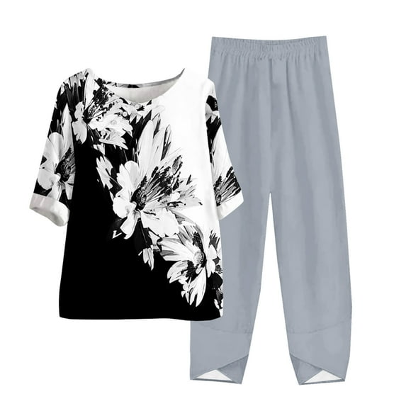 LYXSSBYX Two Piece Sets for Women Summer Women's Casual Round Neck 5/4 Sleeve Top and Pants Digital Printing Two-piece Set