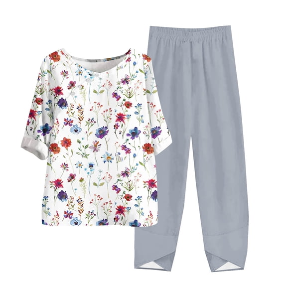 LYXSSBYX Two Piece Sets for Women Summer Women's Casual Round Neck 5/4 Sleeve Top and Pants Digital Printing Two-piece Set
