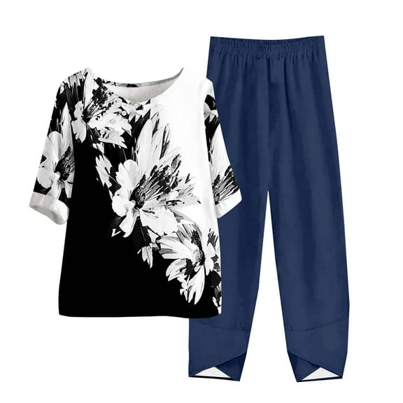 LYXSSBYX Two Piece Sets for Women Summer Women's Casual Round Neck 5/4 Sleeve Top and Pants Digital Printing Two-piece Set