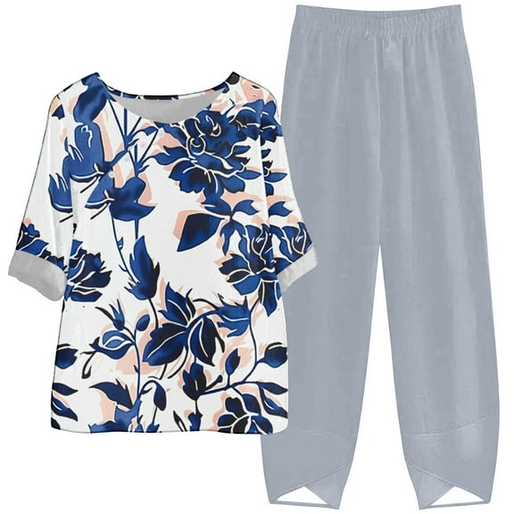 LYXSSBYX Two Piece Sets for Women Summer Women's Casual Round Neck 5/4 Sleeve Top and Pants Digital Printing Two-piece Set