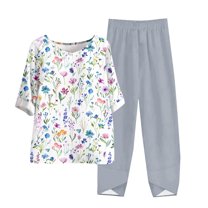 LYXSSBYX Two Piece Sets for Women Summer Women's Casual Round Neck 5/4 Sleeve Top and Pants Digital Printing Two-piece Set
