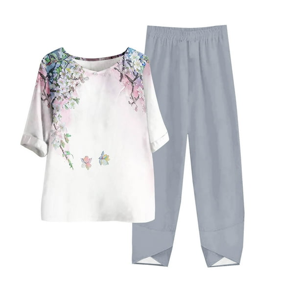LYXSSBYX Two Piece Sets for Women Summer Women's Casual Round Neck 5/4 Sleeve Top and Pants Digital Printing Two-piece Set
