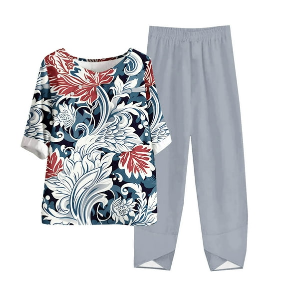 LYXSSBYX Two Piece Sets for Women Summer Women's Casual Round Neck Short Sleeve Top and Pants Digital Printing Two-piece Set