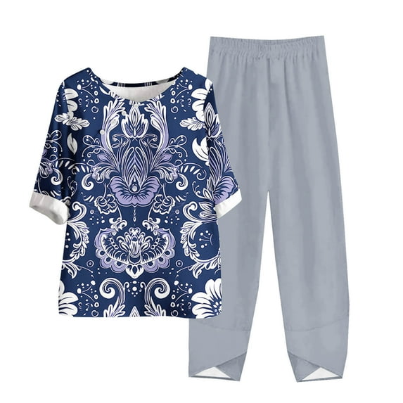 LYXSSBYX Two Piece Sets for Women Summer Women's Casual Round Neck Short Sleeve Top and Pants Digital Printing Two-piece Set