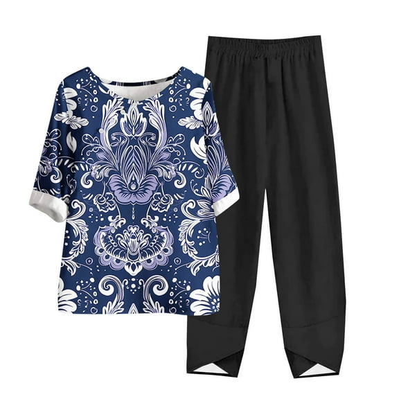 LYXSSBYX Two Piece Sets for Women Summer Women's Casual Round Neck Short Sleeve Top and Pants Digital Printing Two-piece Set