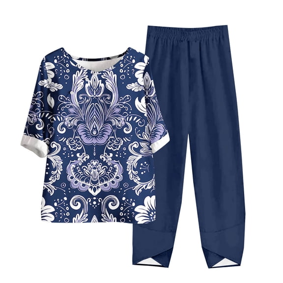 LYXSSBYX Two Piece Sets for Women Summer Women's Casual Round Neck Short Sleeve Top and Pants Digital Printing Two-piece Set