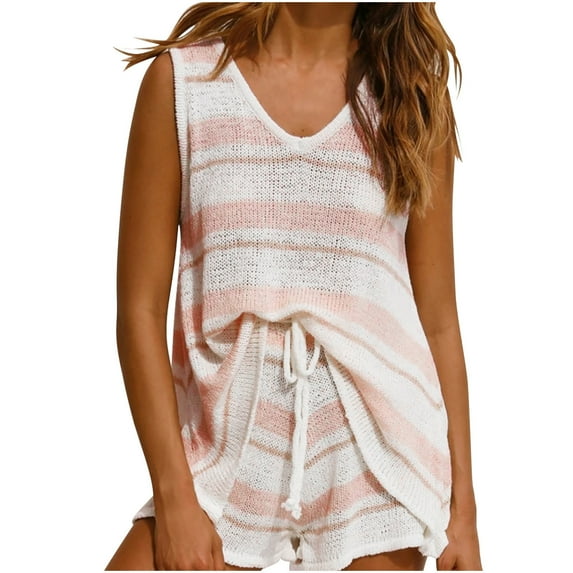 LYXSSBYX Two Piece Sets for Women Summer Women's Casual Solid Color Sleeveless Shorts Set Sleeveless V-neck Top/shirt Set