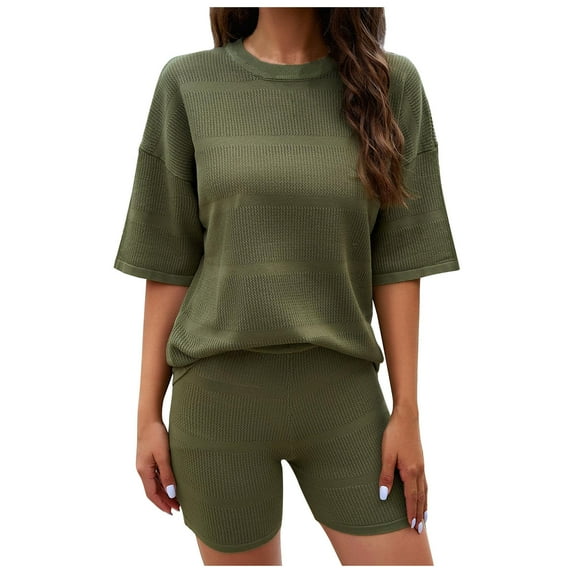 LYXSSBYX Two Piece Sets for Women Summer Women's New Round Neck Casual Solid Color Short Sleeved Sweater Short Sleeved Set