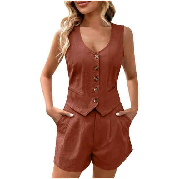 LYXSSBYX Two Piece Sets for Women Summer Women's Solid Color V-neck Sleeveless Button VestTops and Shorts with Pockets Set