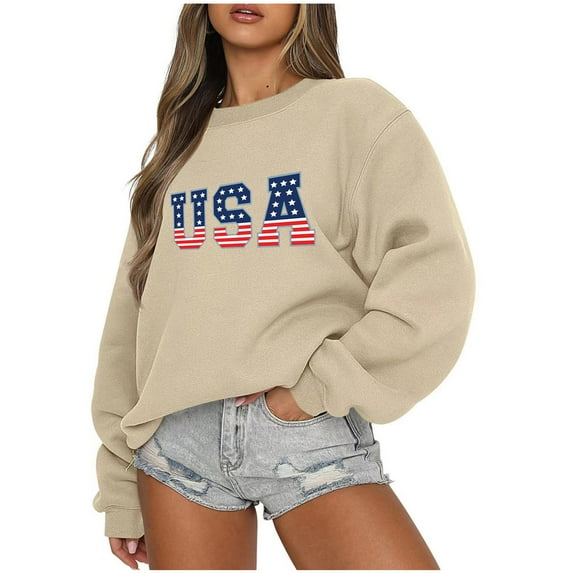 LYXSSBYX USA Sweatshirt Women Fashion Women Round Neck Long Sleeve Printing Loose Sweatshirt Blouse Tops