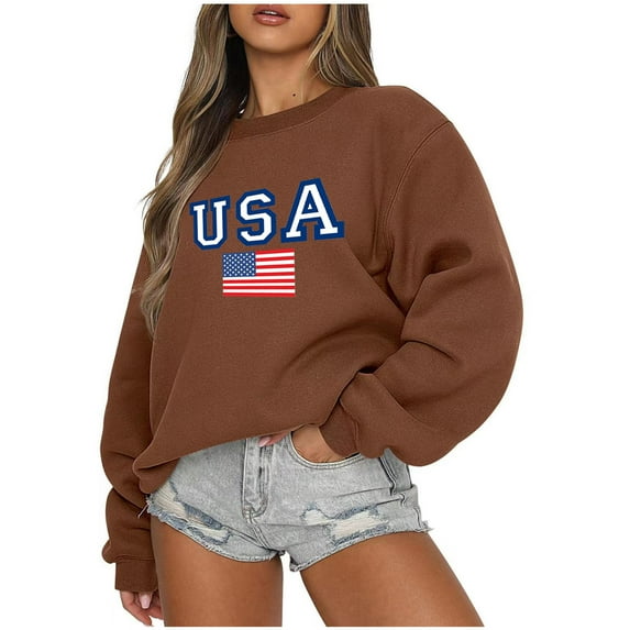 LYXSSBYX USA Sweatshirt Women Fashion Women Round Neck Long Sleeve Printing Loose Sweatshirt Blouse Tops