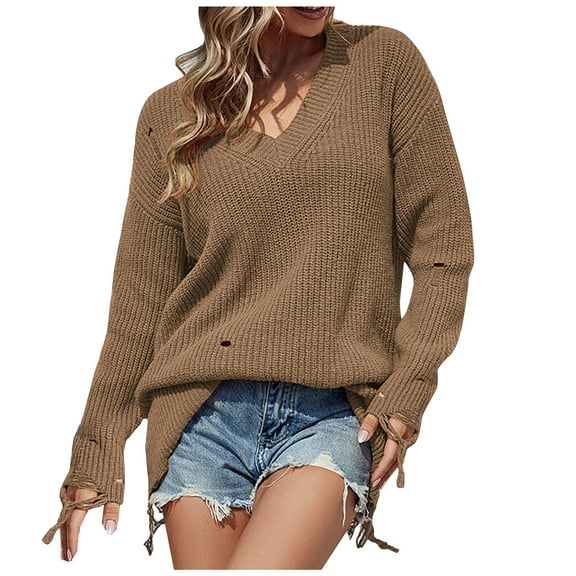 LYXSSBYX V-Neck Long Sleeve Sweater Tops Hot Sale Clearance for Fashion Women Solid Long Sleeve Pullove Hollow Out V-Neck Casual Sweater Tops