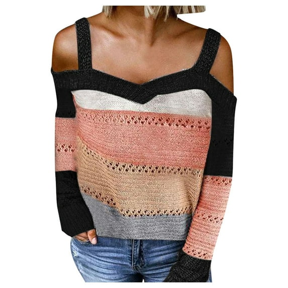 LYXSSBYX V-Neck Long Sleeve Sweater Tops Hot Sale Clearance for Women Autumn Fashion V-Neck Long Sleeve Cold Shoulder Knit Sweater Hoodies