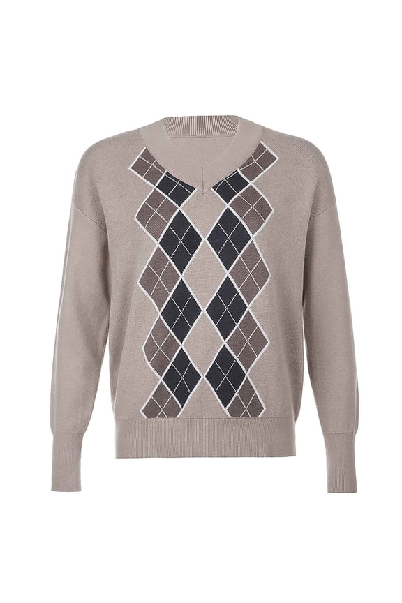 V-Neck Long Sleeve Sweater Tops Hot Sale Clearance for Women Autumn and Winter New Cross-Border Light Brown V-Collar Diamond Knitted Sweater