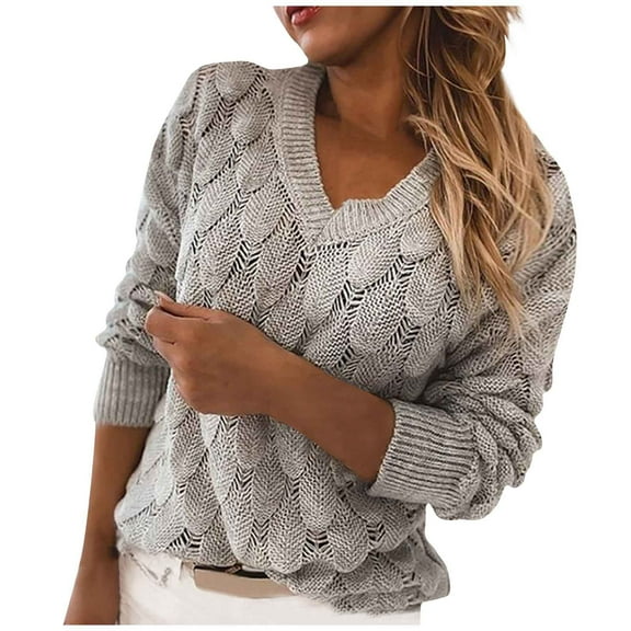 LYXSSBYX V-Neck Long Sleeve Sweater Tops Hot Sale Clearance for Women V-Neck Solid Color Feather Hollowing Out Sexy Long Sleeves Sweater Tops