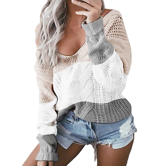 LYXSSBYX V-Neck Long Sleeve Sweater Tops Hot Sale Clearance for Women's Casual Splicing Off Shoulder Pullover V-Neck Blouse Long Sleeve Tops Sweater