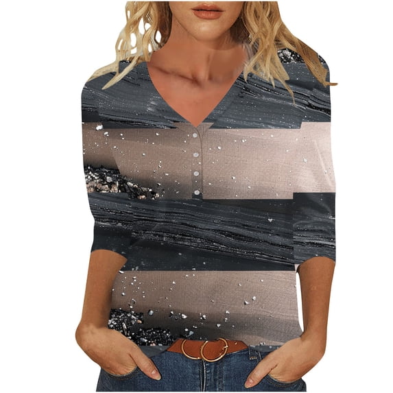 LYXSSBYX V Neck T Shirts for Women Women's Fashion V-Neck Button Printed Casual Top with 3/4 Sleeve T-Shirt Top