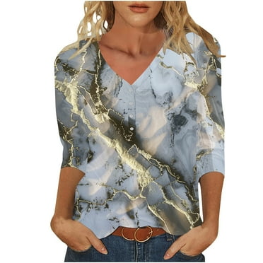 LYXSSBYX V Neck T Shirts for Women Women's Fashion V-Neck Button Printed Casual Top with 3/4 Sleeve T-Shirt Top