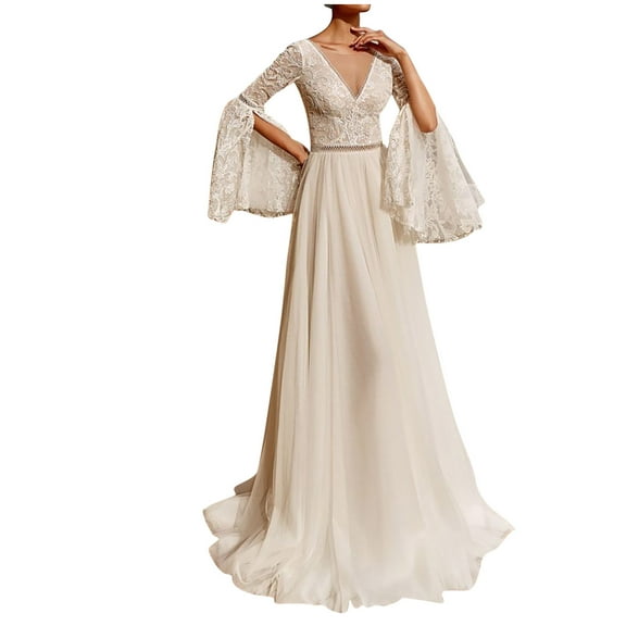 LYXSSBYX Wedding Dresses for Women Elegant Women's Casual Sexy Fashion Lace Mesh Deep V-Flared Sleeve White Swing Skirt Evening Party Long Dress Wedding Dress