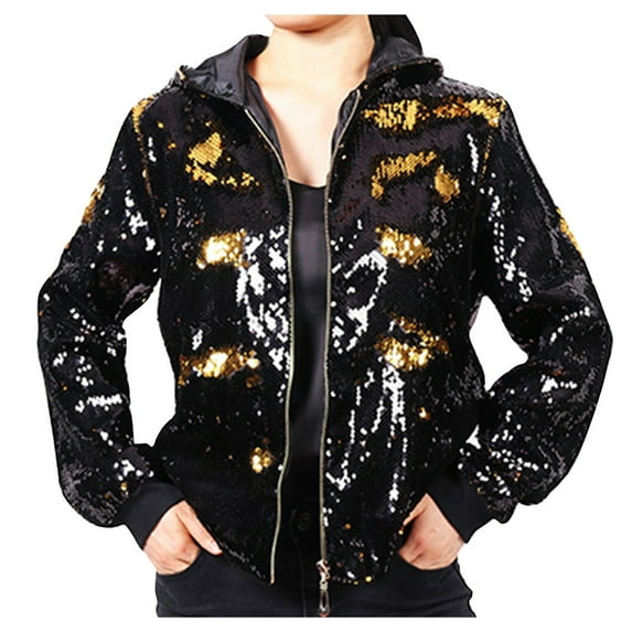 LYXSSBYX Winter Coats for Women Casual Winter Long-Sleeve Coat Round-Neck Hooded Sequin Jacket