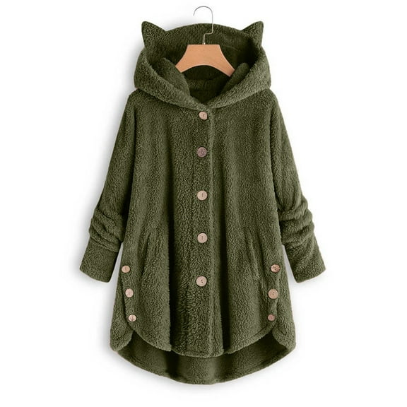 LYXSSBYX Winter Coats for Womens Keep Warm Button Down Cardigan Hoodies Cat Ears Irregular Plush Solid Hooded Coat Tops