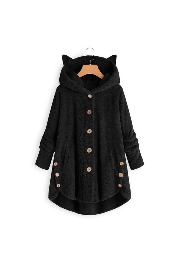 Winter Coats for Womens Keep Warm Button Down Cardigan Hoodies Cat Ears Irregular Plush Solid Hooded Coat Tops