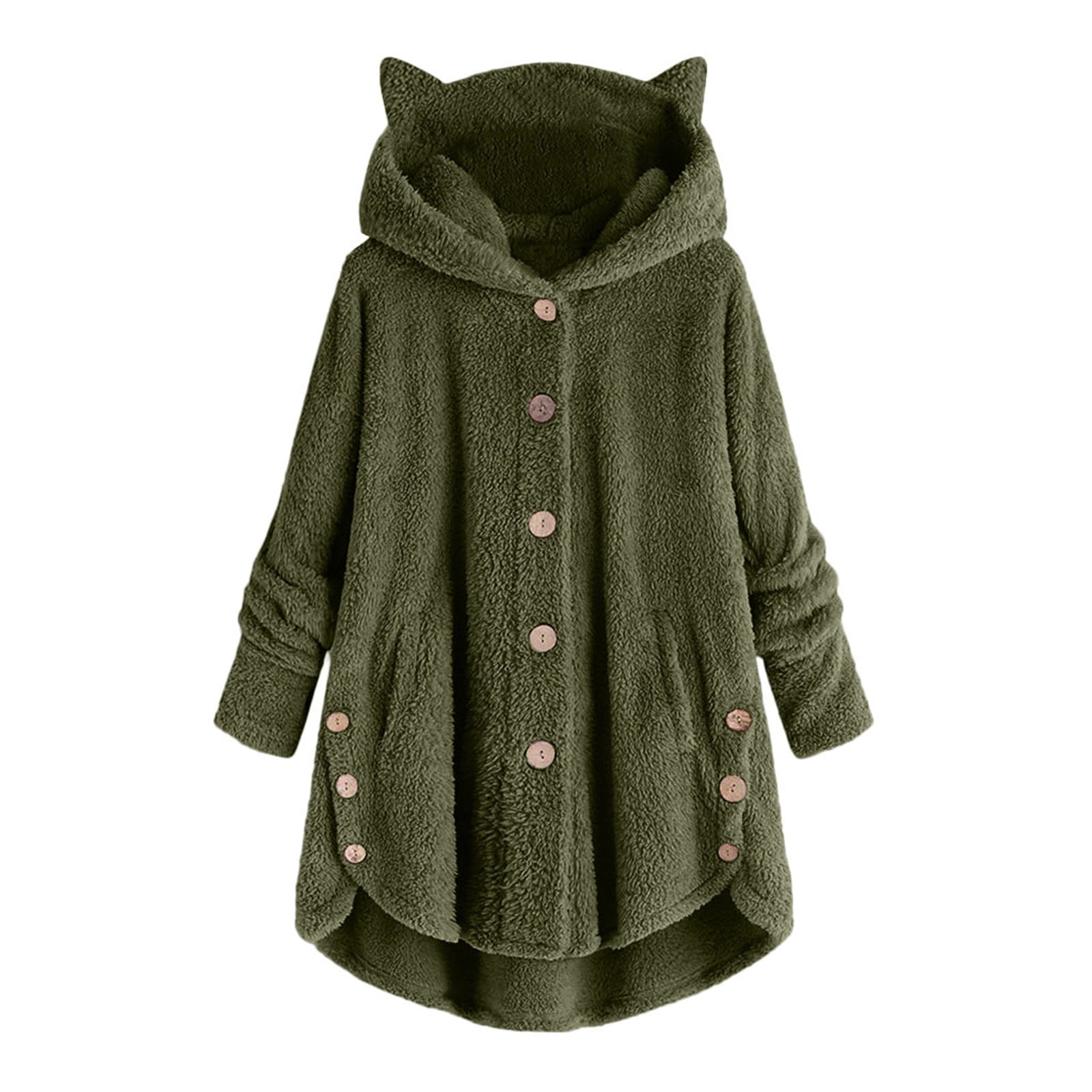Winter Coats for Women Clearance Women's Keep Warm Button Down Cardigan Hoodies Cat Ears Irregular Plush Solid Hooded Coat Tops