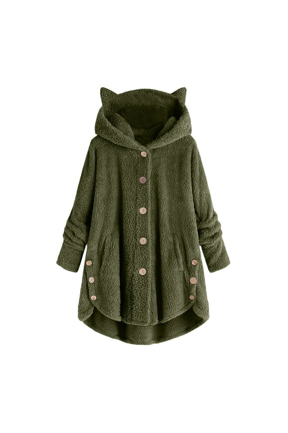 Winter Coats for Women Clearance Women's Keep Warm Button Down Cardigan Hoodies Cat Ears Irregular Plush Solid Hooded Coat Tops