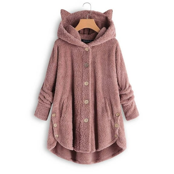 LYXSSBYX Winter Coats for Womens Keep Warm Button Down Cardigan Hoodies Cat Ears Irregular Plush Solid Hooded Coat Tops