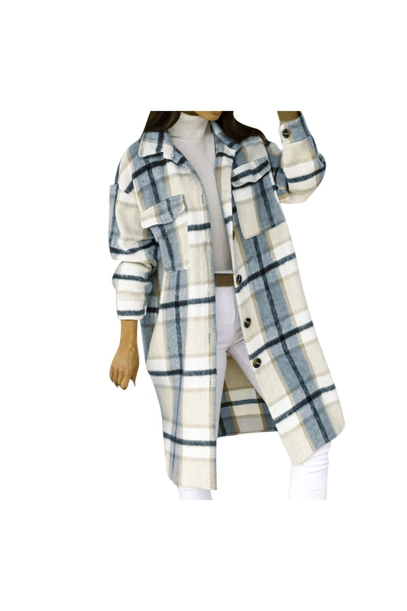Winter Coats for Women Clearance Womens Plaid Long Wool Blend Coat Shacket Jackets Long Sleeve Button Down Casual Boyfriend Flannel Shirts