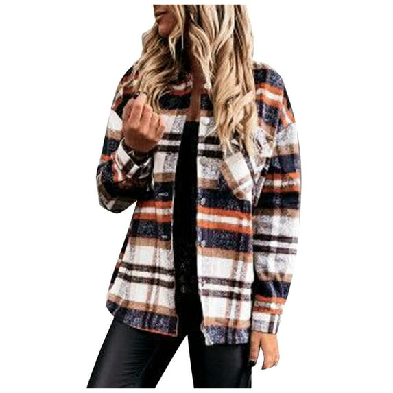 LYXSSBYX Winter Coats for Women Plus Clearance Women's Casual Fashion Woolen Plaid Shirt Pocket Long Sleeve Jacket