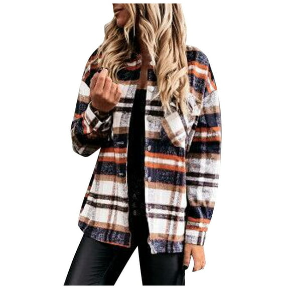 LYXSSBYX Winter Coats for Women Plus Clearance Women's Casual Fashion Woolen Plaid Shirt Pocket Long Sleeve Jacket