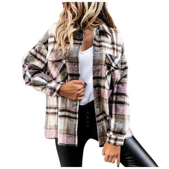 LYXSSBYX Winter Coats for Women Plus Clearance Women's Casual Fashion Woolen Plaid Shirt Pocket Long Sleeve Jacket