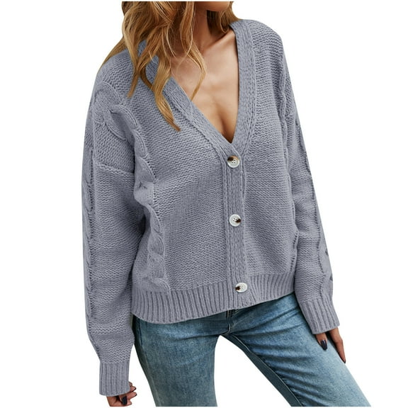LYXSSBYX Winter Coats for Women Plus Clearance Women's V-Neck Solid Color Button Long Sleeve Knitted Sweater Cardigan