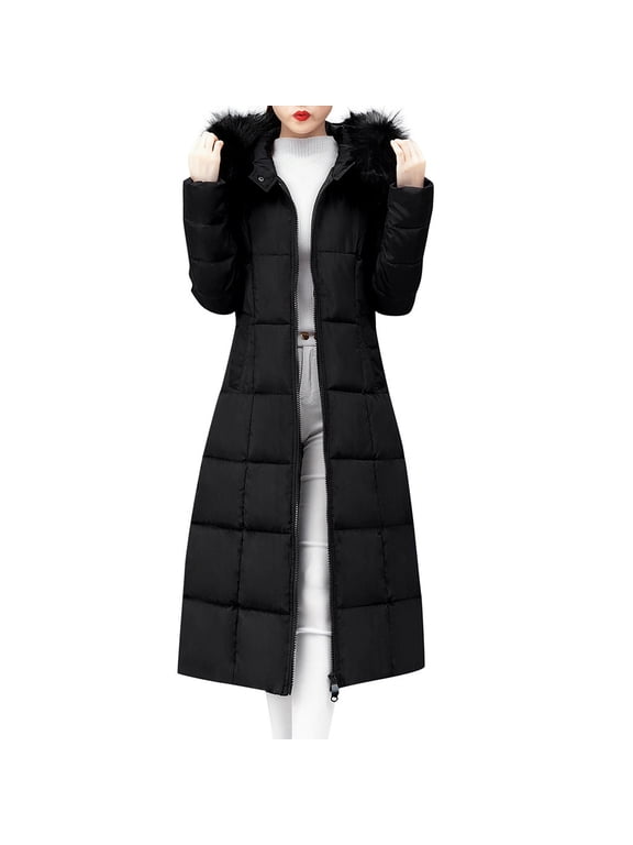 Winter Coats for Women Plus Size Clearance Women Outerwear Faux Fur Hooded Coat Long Cotton-padded Jackets Pocket Coats