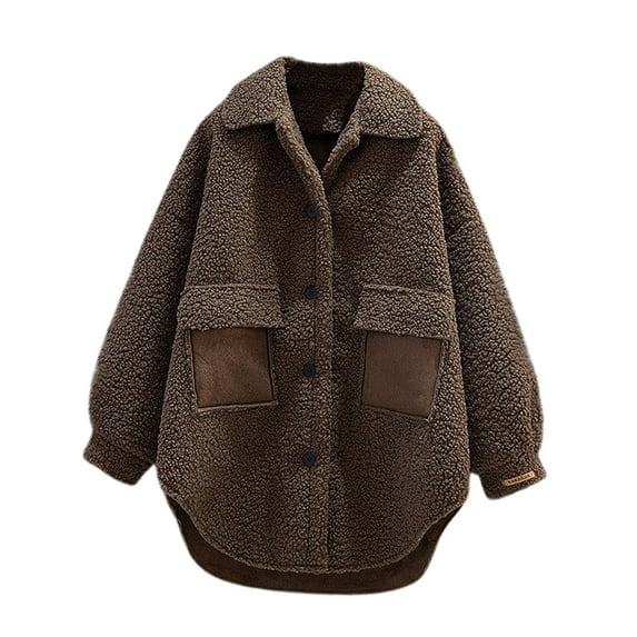 LYXSSBYX Winter Shackets for Women Clearance Fashion Women Solid Color Corduroy Long Sleeved Long Sleeved Round Neck Thickened Lamb Wool with Pockets Solid Color Coat Top